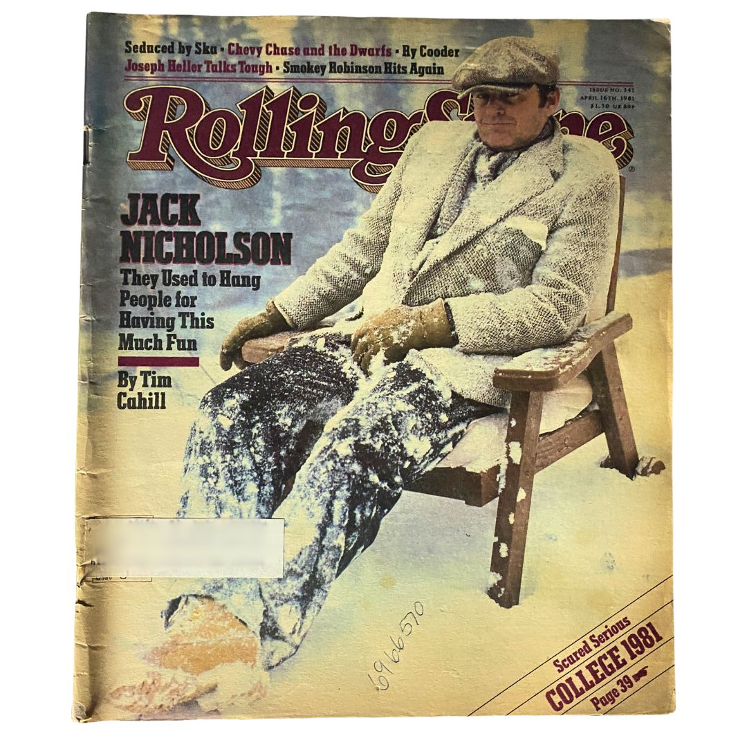 Rolling Stone Magazine from April 6, 1981, featuring Jack Nicholson on the cover, photographed by Tim Cahill. The image shows Nicholson in a snowy setting, highlighting his relaxed demeanor.