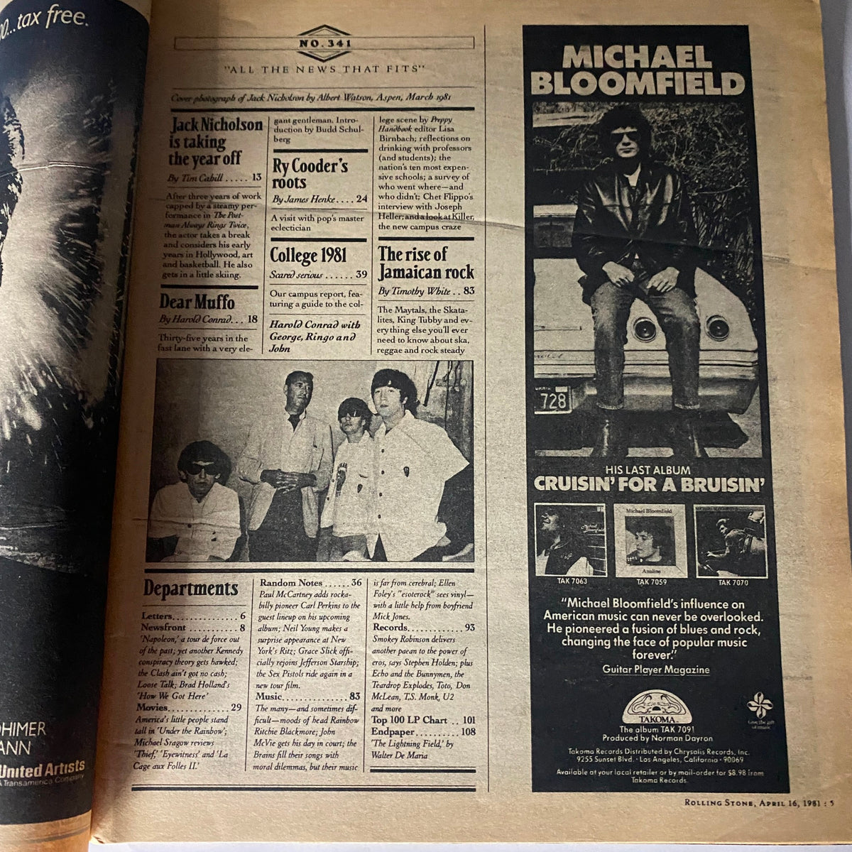 Inside page of Rolling Stone Magazine No. 341, April 6, 1981, featuring Jack Nicholson's article and advertisements, with a glimpse into the music and film culture of the early 1980s.