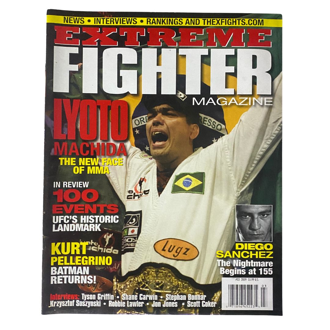 Cover of Extreme Fighter Magazine 2009, Number 3 featuring Lyoto Machida, showcasing his iconic image as the new face of MMA, along with highlights of MMA events.