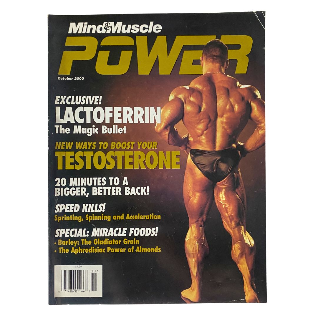 Mind & Muscle Power Magazine October 2000 cover featuring a muscular man showcasing the title "Lactoferrin: The Magic Bullet" and articles on testosterone boosting and muscle building tips.
