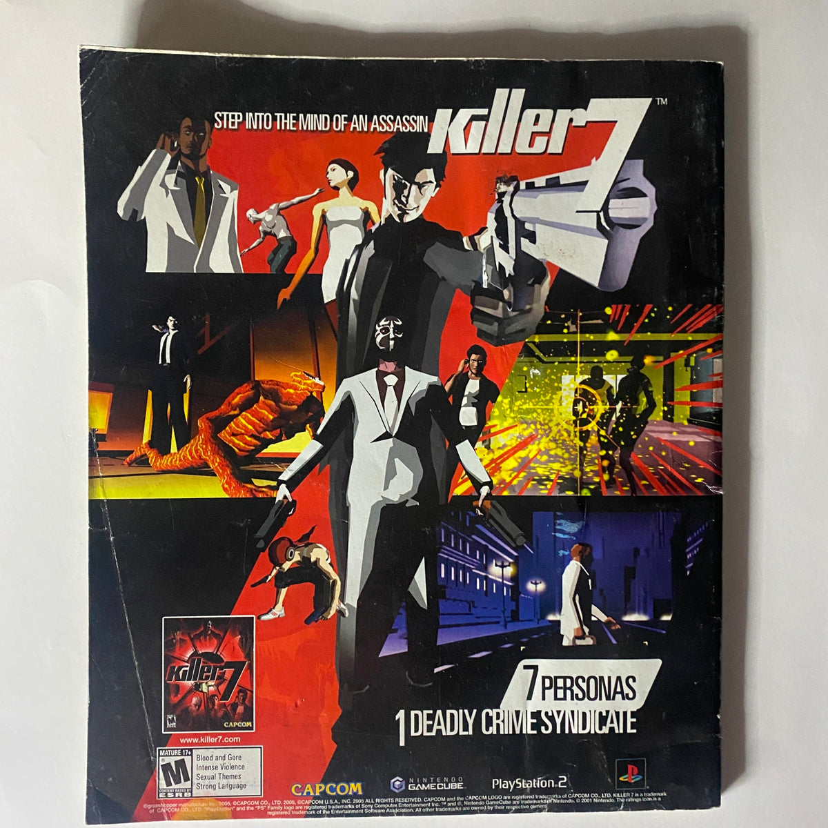 Back cover of Game Informer Magazine July 2005 Issue 147 highlighting the game 'Killer7' with vibrant artwork and promotional details.