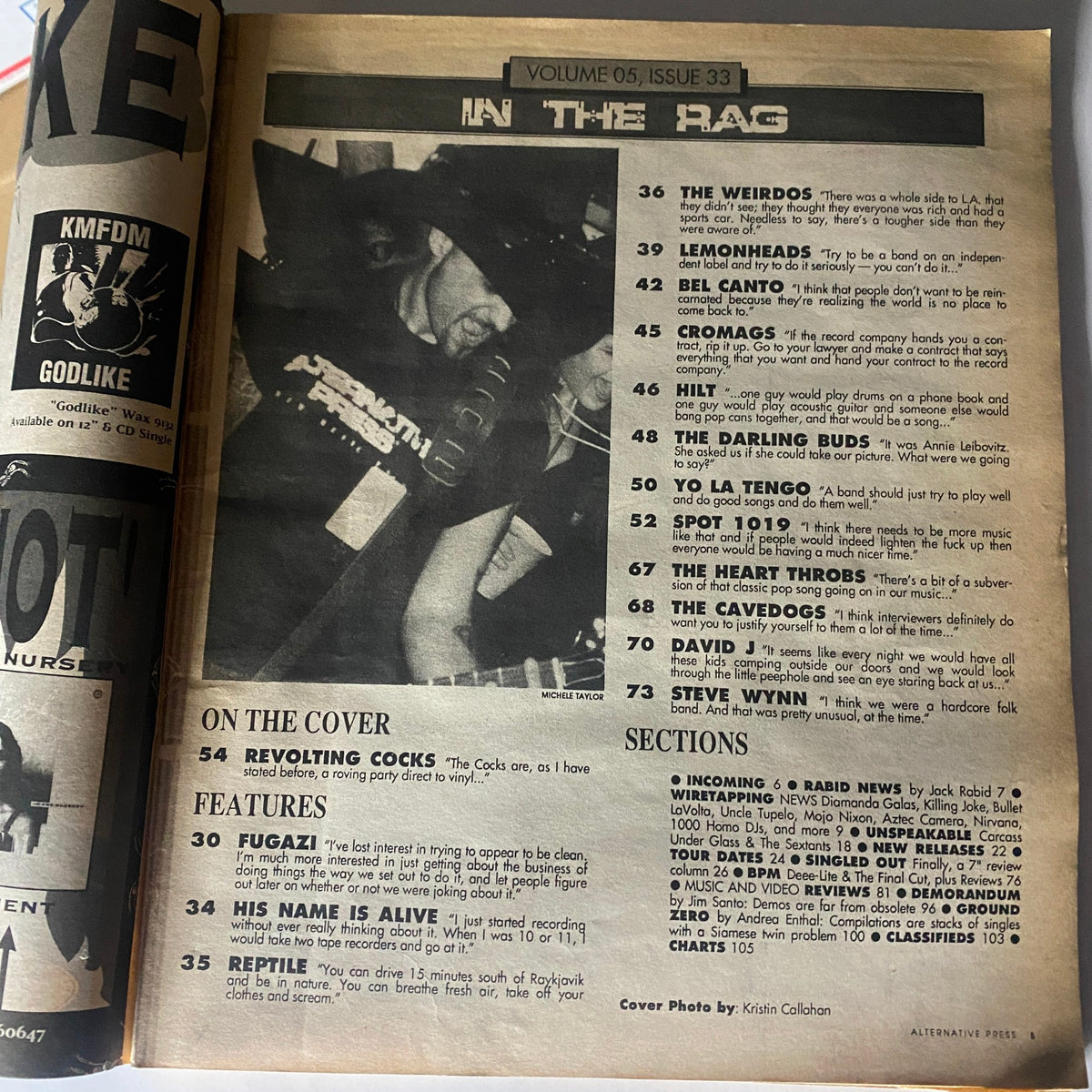 Inside page of Alternative Press Magazine January 1991 Issue 33 displaying the contents section, highlighting features on Revolting Cocks and other artists in the early 90s music scene.
