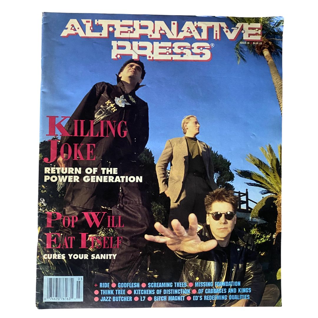 Alternative Press Magazine 1990 cover featuring Killing Joke, highlighting the band's return of the power generation along with other notable bands such as Pop Will Eat Itself.