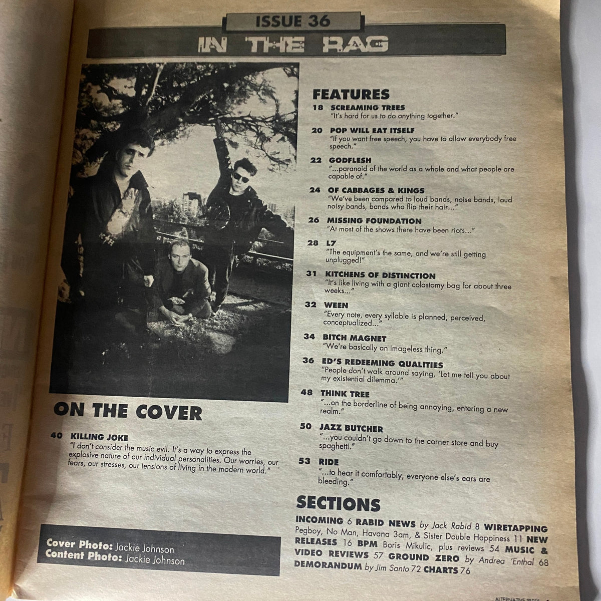 Inside page of Alternative Press Magazine 1990 showcasing features including an article on Killing Joke, with other music acts and relevant content relevant to the era.