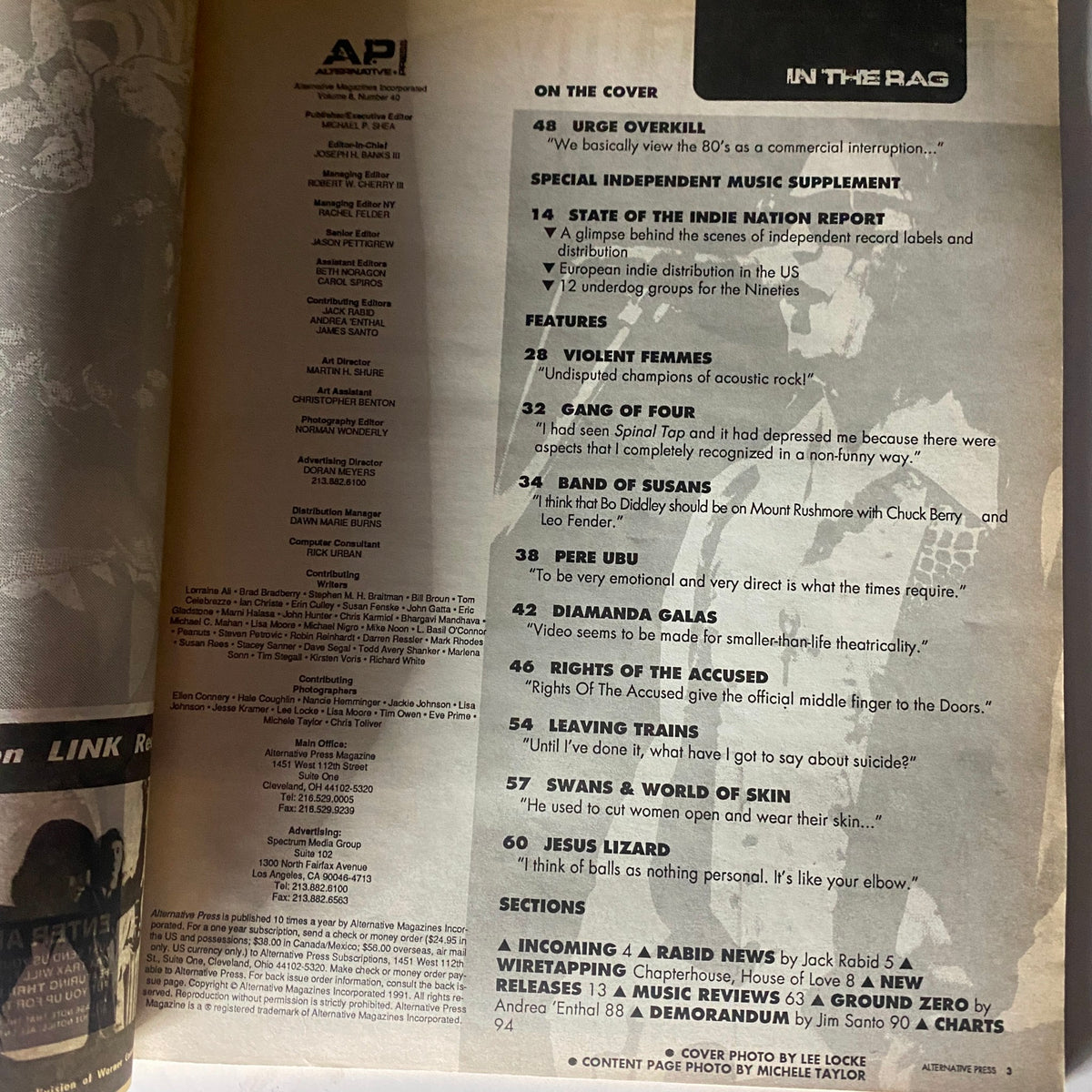 Inside cover of Alternative Press Magazine 1991 Vol 8 No 40 featuring articles and features including Diamanda Galas, Urge Overkill, and Violent Femmes.