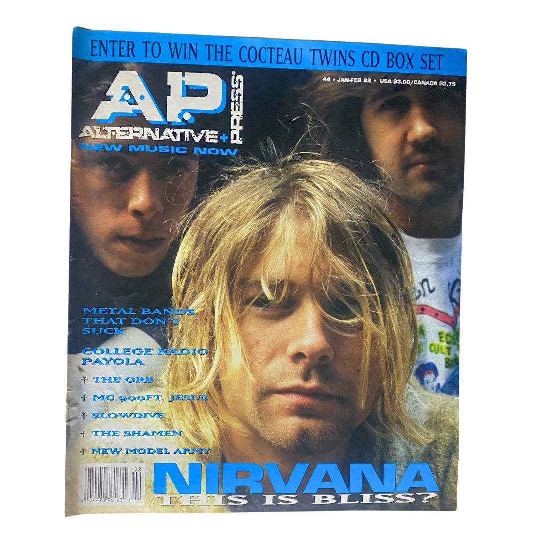 Cover of Alternative Press Magazine January 1992 No. 44 featuring Nirvana with the headline 'This is Bliss?'. The image showcases the iconic band members in a clear shot, embodying the essence of early '90s alternative rock.