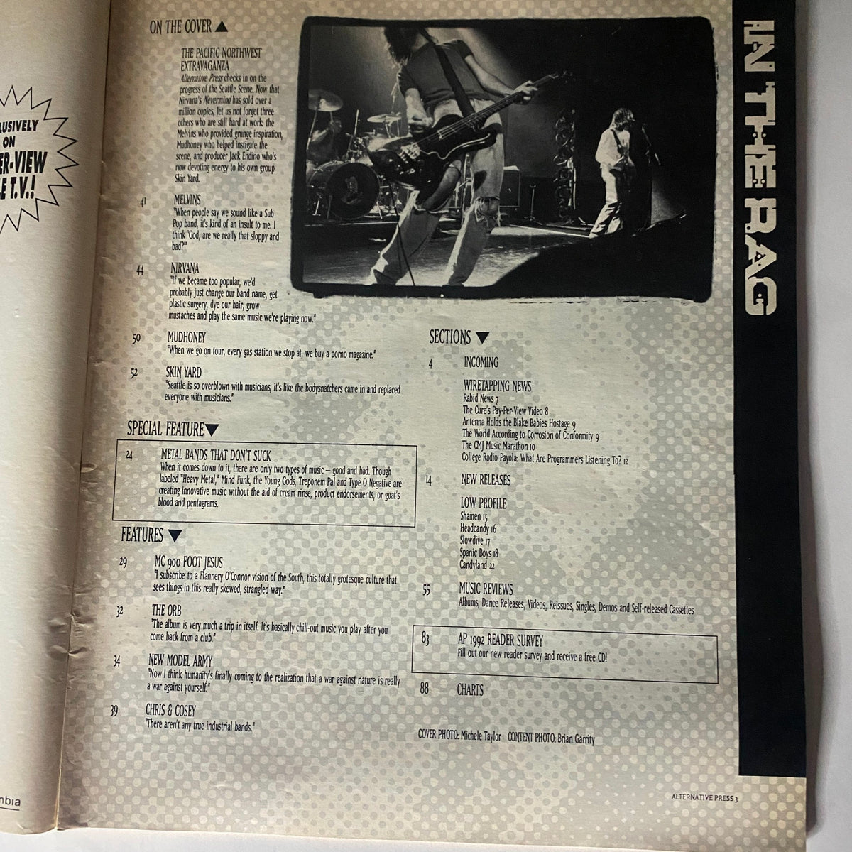 Inside page of Alternative Press Magazine January 1992 No. 44, detailing features and articles including Nirvana. The layout includes section titles and images, offering a glimpse into its content related to the music industry and the grunge scene.