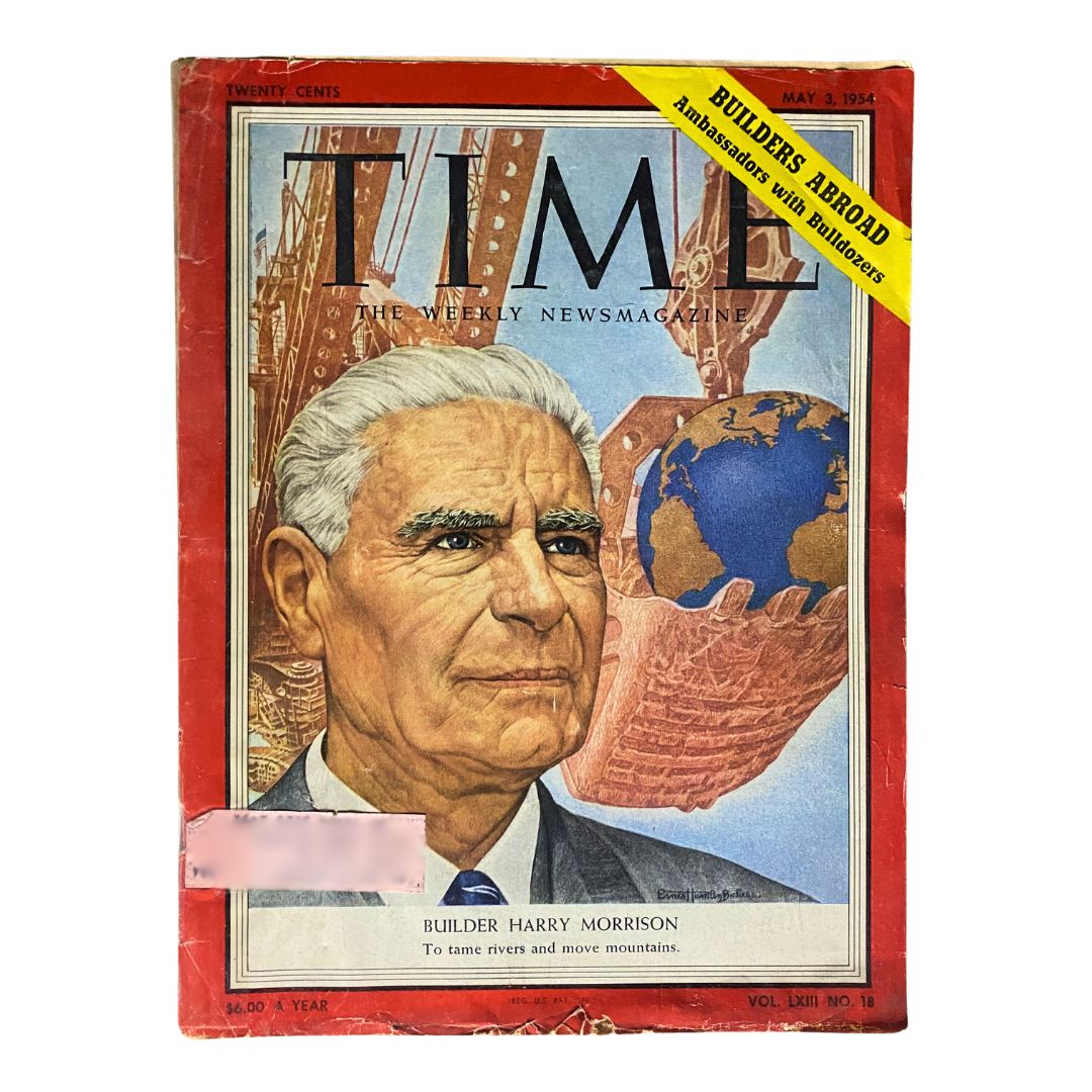 Vintage Time Magazine May 3, 1954 featuring Builder Harry Morrison on the cover, showcasing a portrait of Morrison with a globe and construction theme.