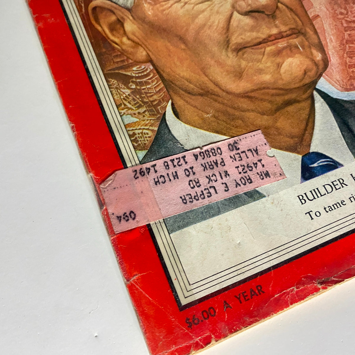 Close-up of the cover of Vintage Time Magazine May 3, 1954, highlighting Builder Harry Morrison and a price tag.