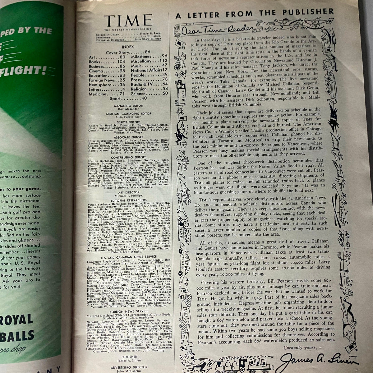 Inside page of VTG Time Magazine May 3, 1954, featuring a letter from the publisher along with the index of featured articles.