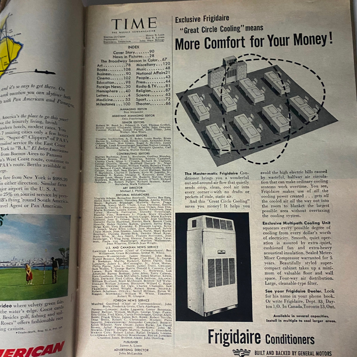 Inside page of VTG Time Magazine May 24, 1954 Vol 63 No. 21 showcasing an advertisement for Frigidaire air conditioning.