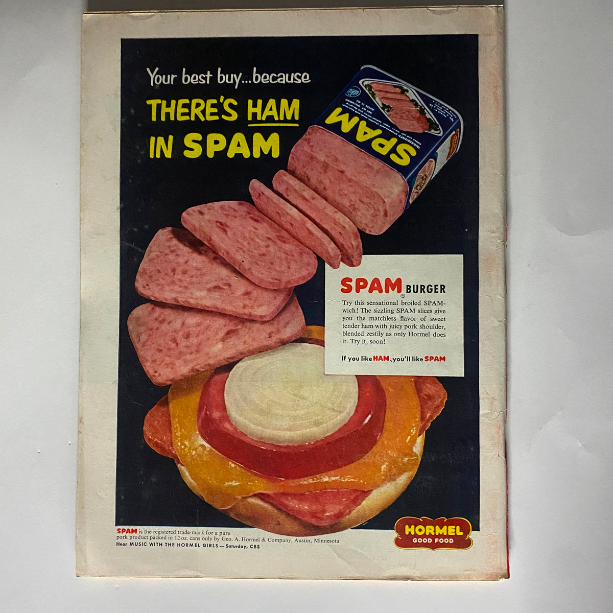Back cover of VTG Time Magazine May 24, 1954 Vol 63 No. 21 displaying an advertisement for Hormel Spam burgers.