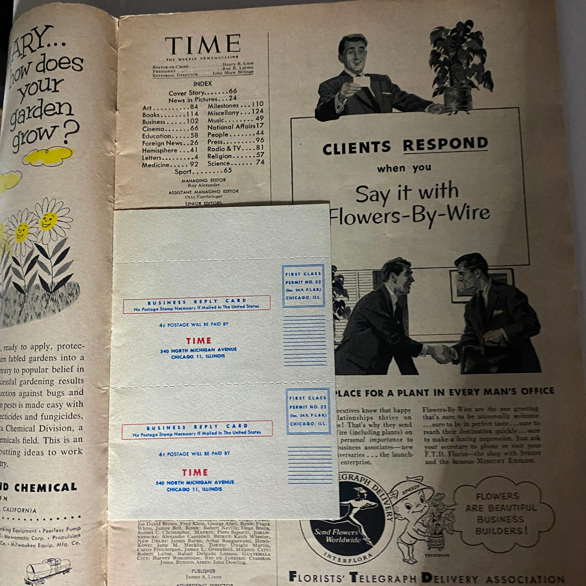 Interior page of Time Magazine June 7, 1954, displaying the index and advertisements, providing insight into 1950s media and culture.