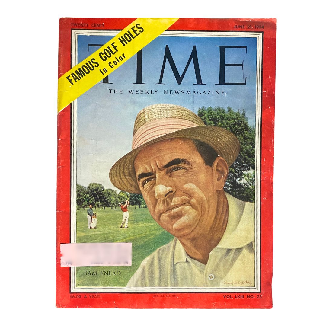 VTG Time Magazine June 21, 1954 featuring Sam Snead on the cover, showcasing a portrait of the legendary golfer surrounded by a golf course scene.