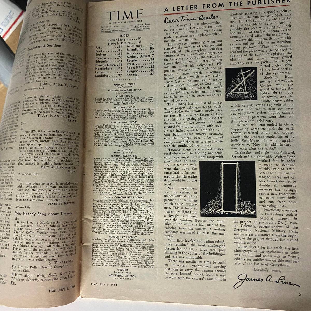 Inside page of VTG Time Magazine July 5, 1954, displaying an index and a letter from the publisher, reflective of mid-20th century journalism.
