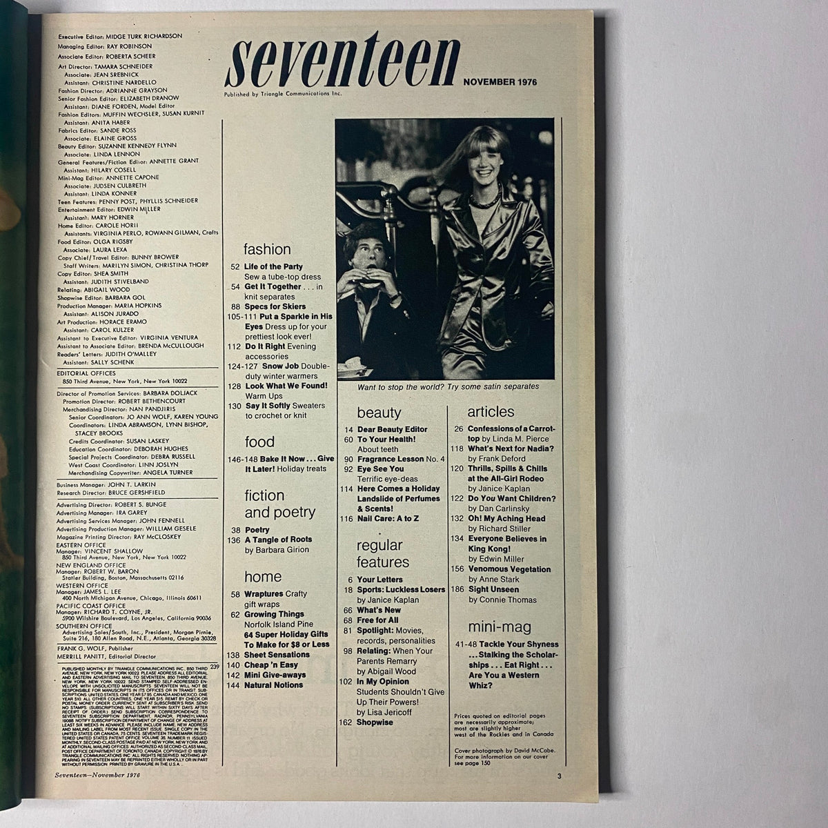Table of contents from Seventeen Magazine November 1976, showcasing articles on fashion, beauty, food, and features including a Nadia Comăneci interview. Essential for vintage magazine collectors.