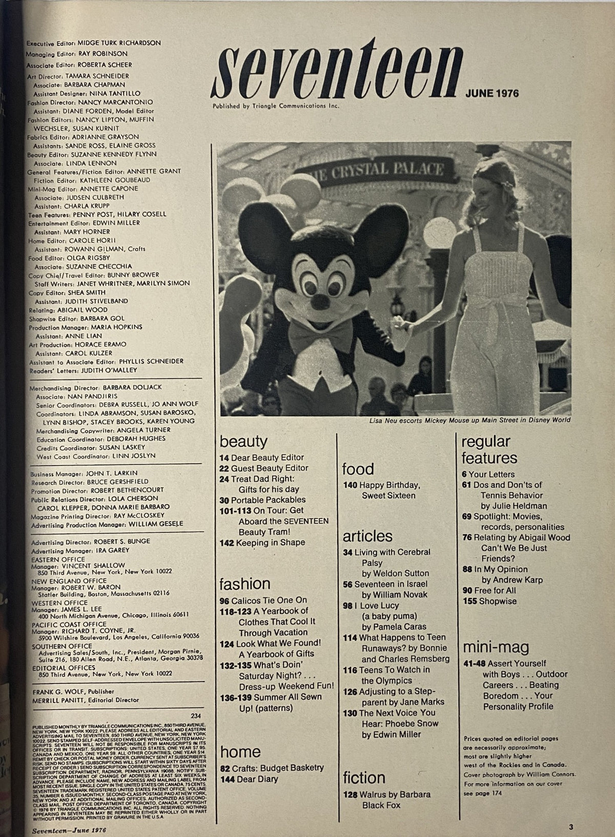 Cover page of Seventeen Magazine June 1976 Summer Beauty Issue featuring a vintage illustration with a character resembling a mouse and a model in a stylish outfit. Highlights fashion and beauty tips from the mid-1970s.