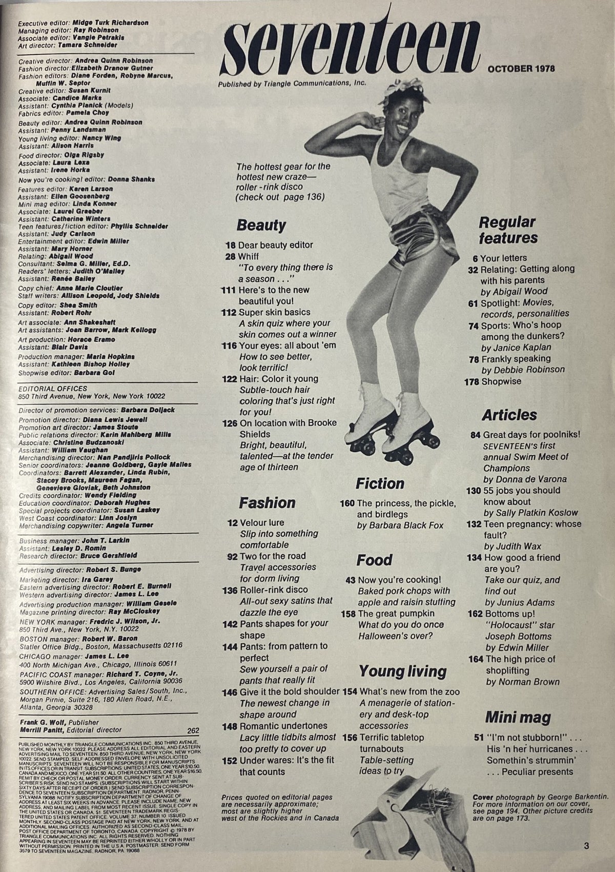 Table of contents for Seventeen Magazine October 1978, including features on beauty, fashion, and articles relevant to teenagers.