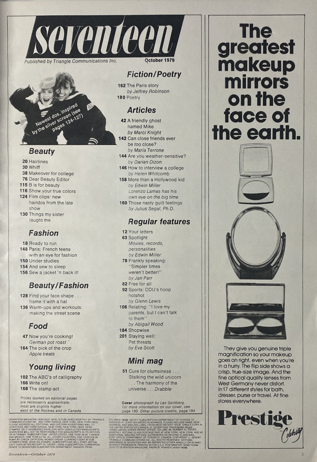 Seventeen Magazine October 1979 issue featuring the Table of Contents with topics such as Beauty, Food, and Fiction/Poetry, showcasing a vintage aesthetic. The magazine is titled 'Seventeen Magazine October 1979 - The ABC's of Calligraphy'.