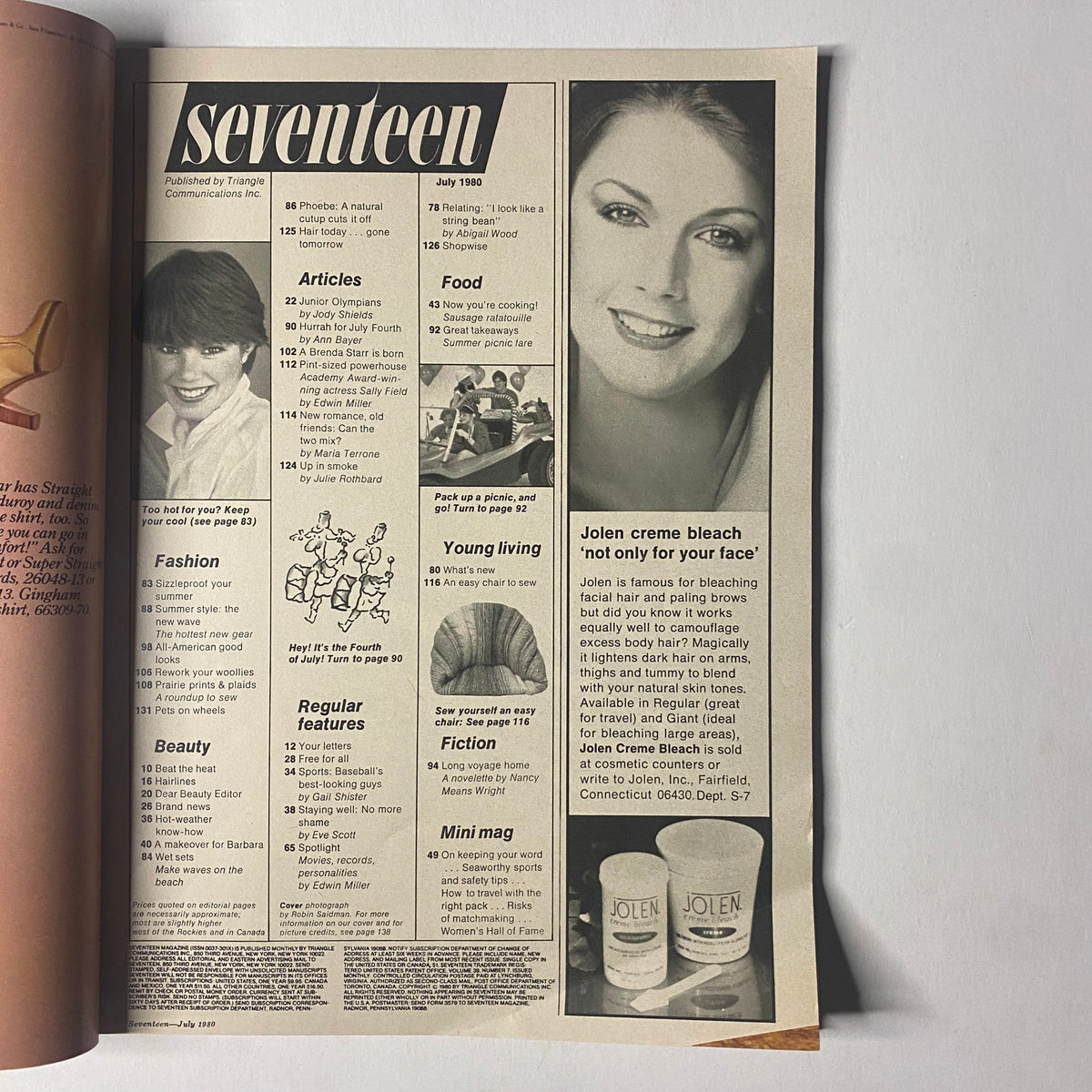 Inside page of Seventeen Magazine July 1980 showcasing the table of contents with articles on fashion, beauty, and youth living, including a profile of Sally Field.