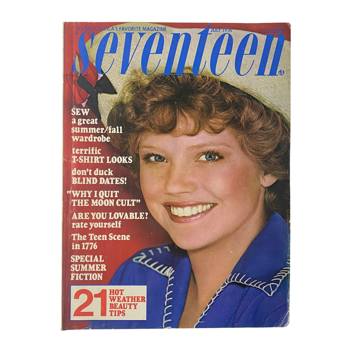 Seventeen Magazine July 1976 cover featuring a smiling young woman with curly hair, highlighting hot weather beauty tips and summer fashion, promoting iconic articles like 'Why I Quit the Moon Cult' and 'The Teen Scene in 1776'.