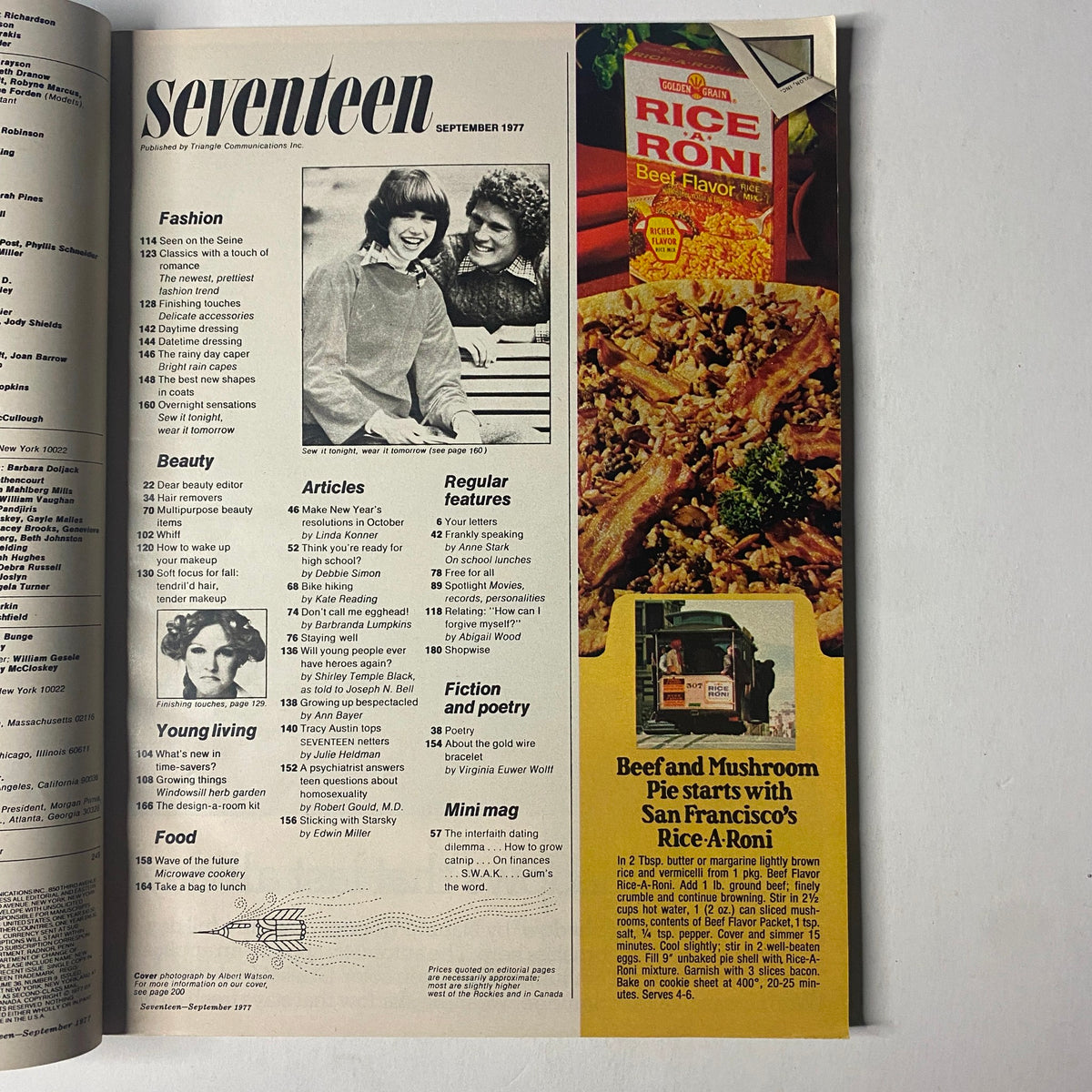 Inside Seventeen Magazine September 1977 featuring fashion, beauty, articles, and regular features, showcasing a vintage design. This issue includes a Shirley Temple Black feature and cultural references significant to 1970s teen life.