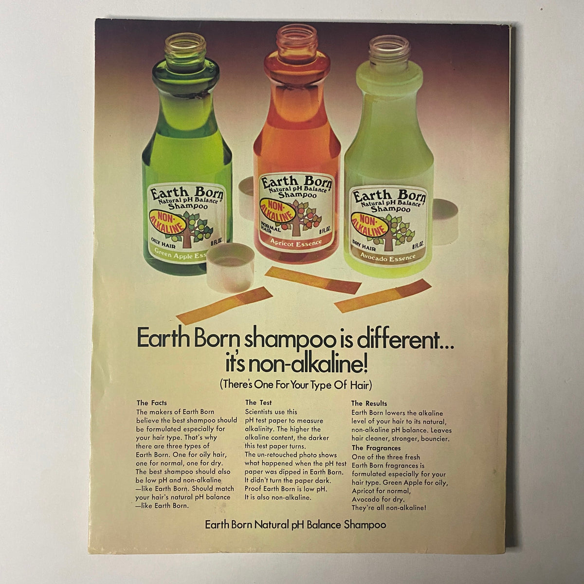 Advertisement for Earth Born shampoo in Seventeen Magazine February 1975, promoting non-alkaline benefits for different hair types.