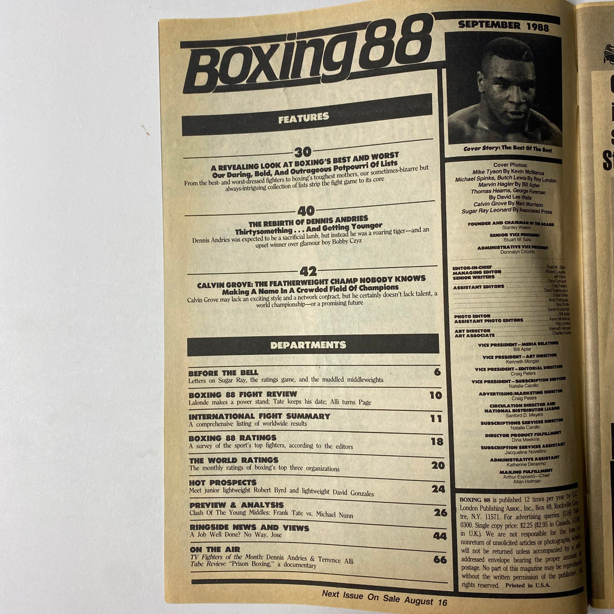Interior page from Boxing 88 Magazine, September 1988 featuring the table of contents and highlights of articles including 'A Revealing Look at Boxing’s Best and Worst' and 'The Rebirth of Dennis Andries'. This issue focuses on iconic boxing figures Mike Tyson and Michael Spinks.