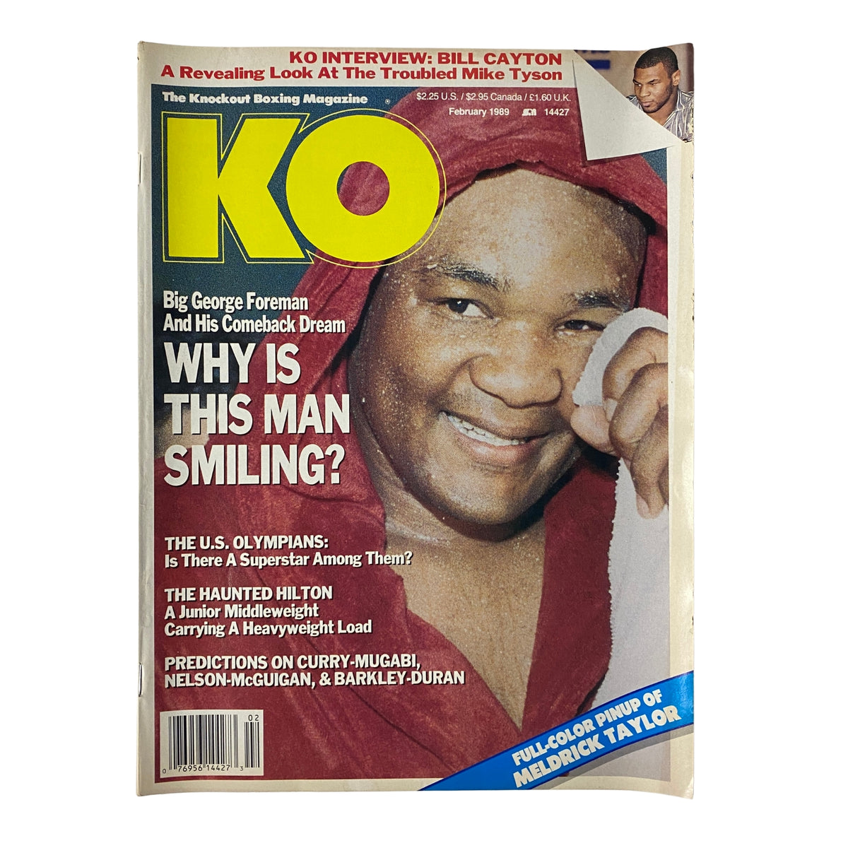 Cover of KO Boxing Magazine February 1989 featuring George Foreman, highlighting his comeback with the message 'WHY IS THIS MAN SMILING?'. Includes articles on boxing legends and predictions for upcoming fights.