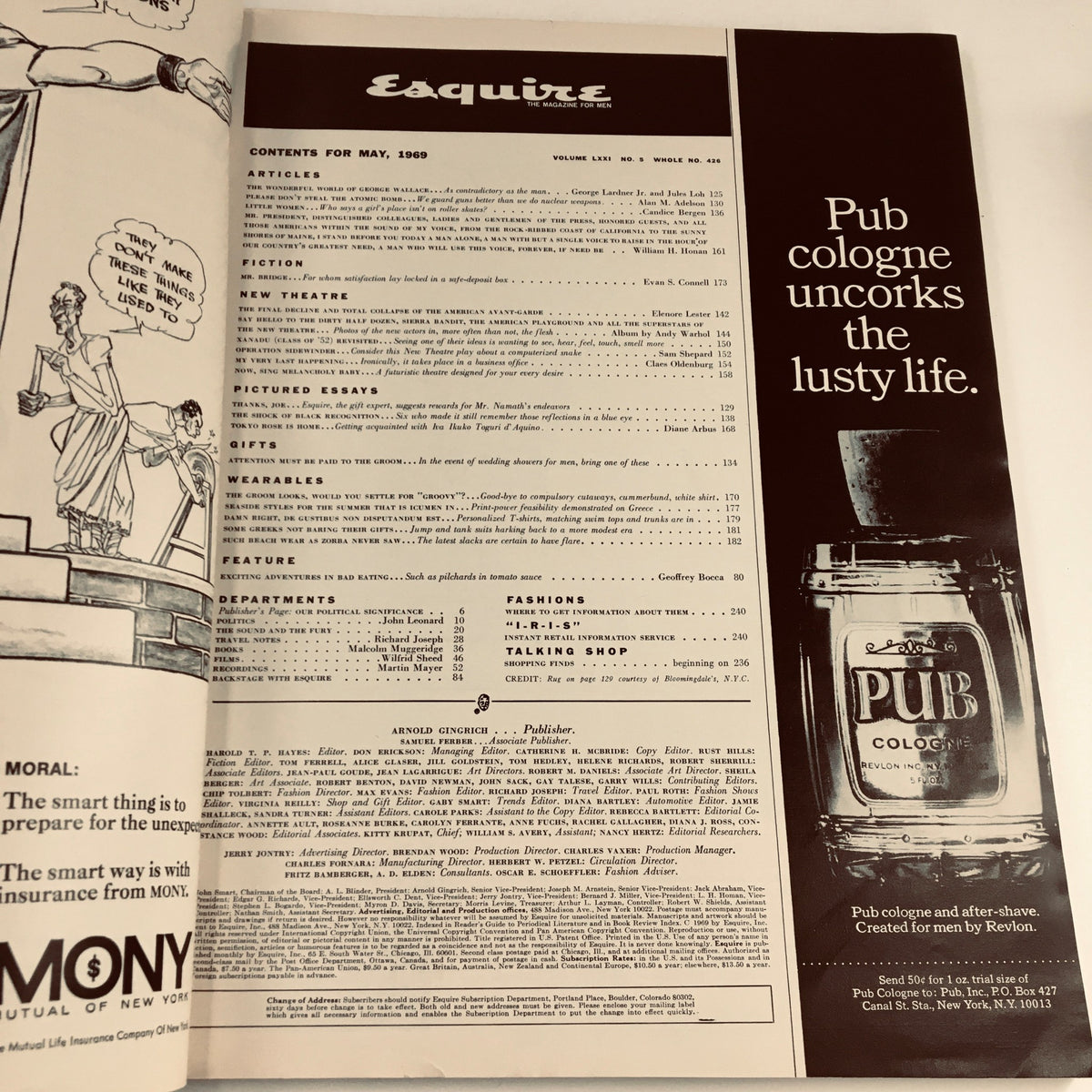 Inside spread of Esquire Magazine May 1969 featuring the table of contents and advertisements. The cover theme is the 'Total Collapse of American Avant-Garde' with contributions by notable writers.