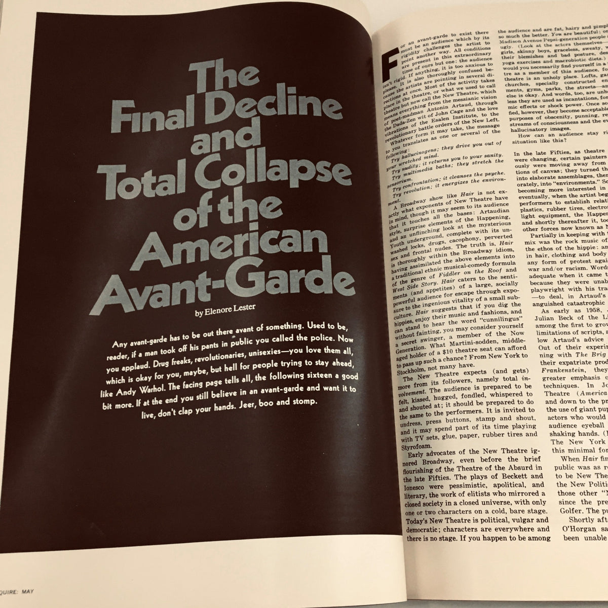 Page from Esquire Magazine May 1969 featuring the article 'The Final Decline and Total Collapse of the American Avant-Garde' by Elenore Lester, addressing cultural shifts in the 1960s.