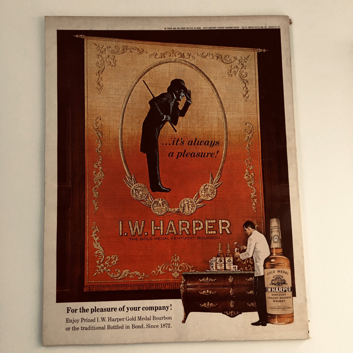 I.W. Harper bourbon advertisement featured in Esquire Magazine February 1966, showcasing a stylish man in formal attire featuring the tagline '...it's always a pleasure!' with a whiskey bottle and vintage decor.