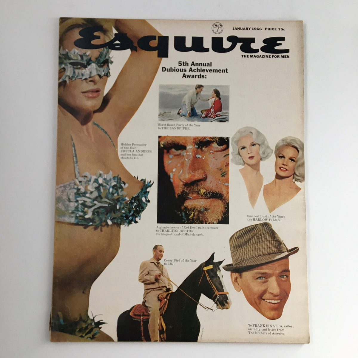 Esquire Magazine January 1966 featuring iconic cover with Lyndon B. Johnson and Frank Sinatra, showcasing vintage style and pop culture details.