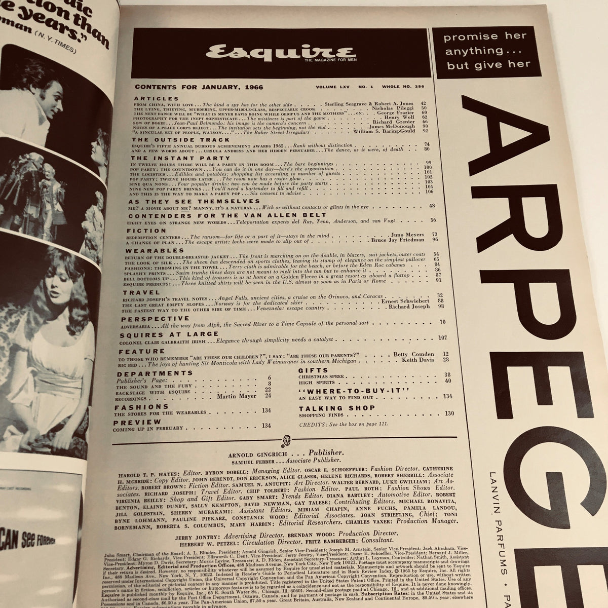 Esquire Magazine January 1966 Contents Page featuring articles and features for the edition, showcasing influential cultural figures.
