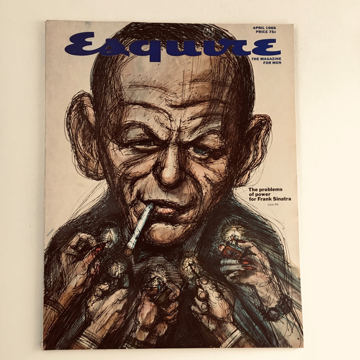 Esquire Magazine, April 1966 cover featuring the artistic depiction of Frank Sinatra with the headline 'The Problems of Power.' A captivating representation reflecting on celebrity and influence.