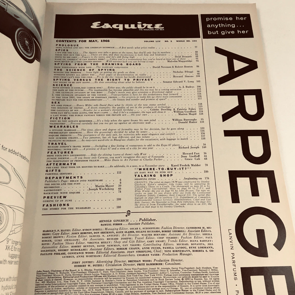 Table of contents page from Esquire Magazine May 1966, listing features and articles related to 'Spying, Science, and Sex'.