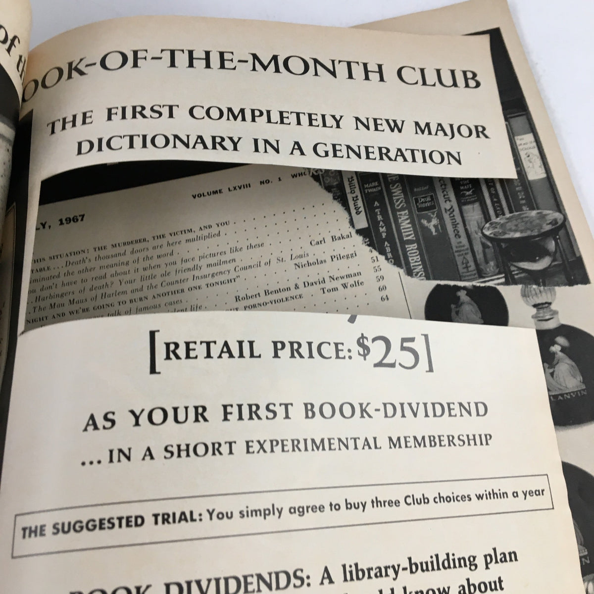 Interior page advertisement from Esquire Magazine July 1967 for the Book-of-the-Month Club, indicating the retail price and subscription offer.