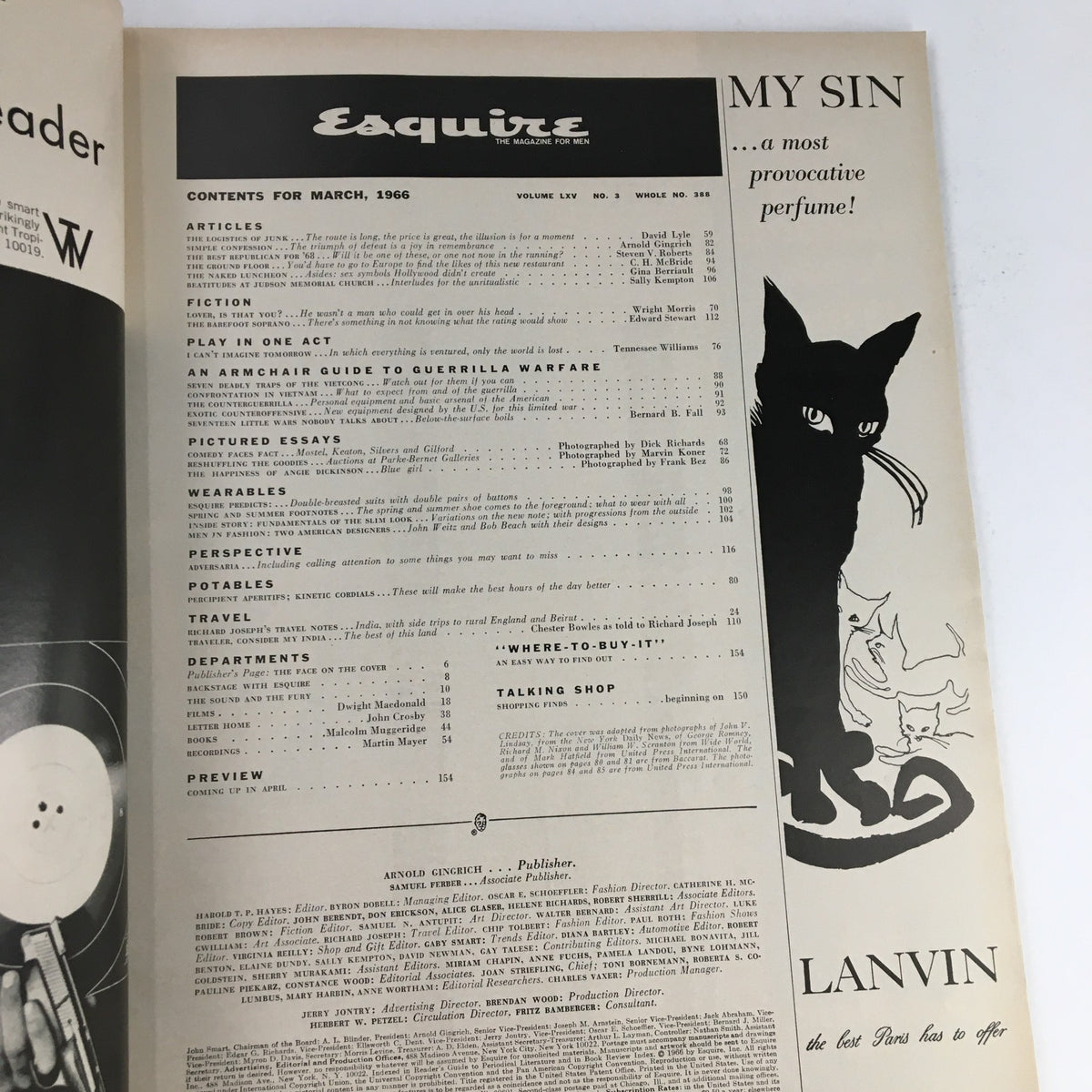 Contents page of Esquire Magazine March 1966, featuring articles and features from the era, showcasing its cultural relevance.