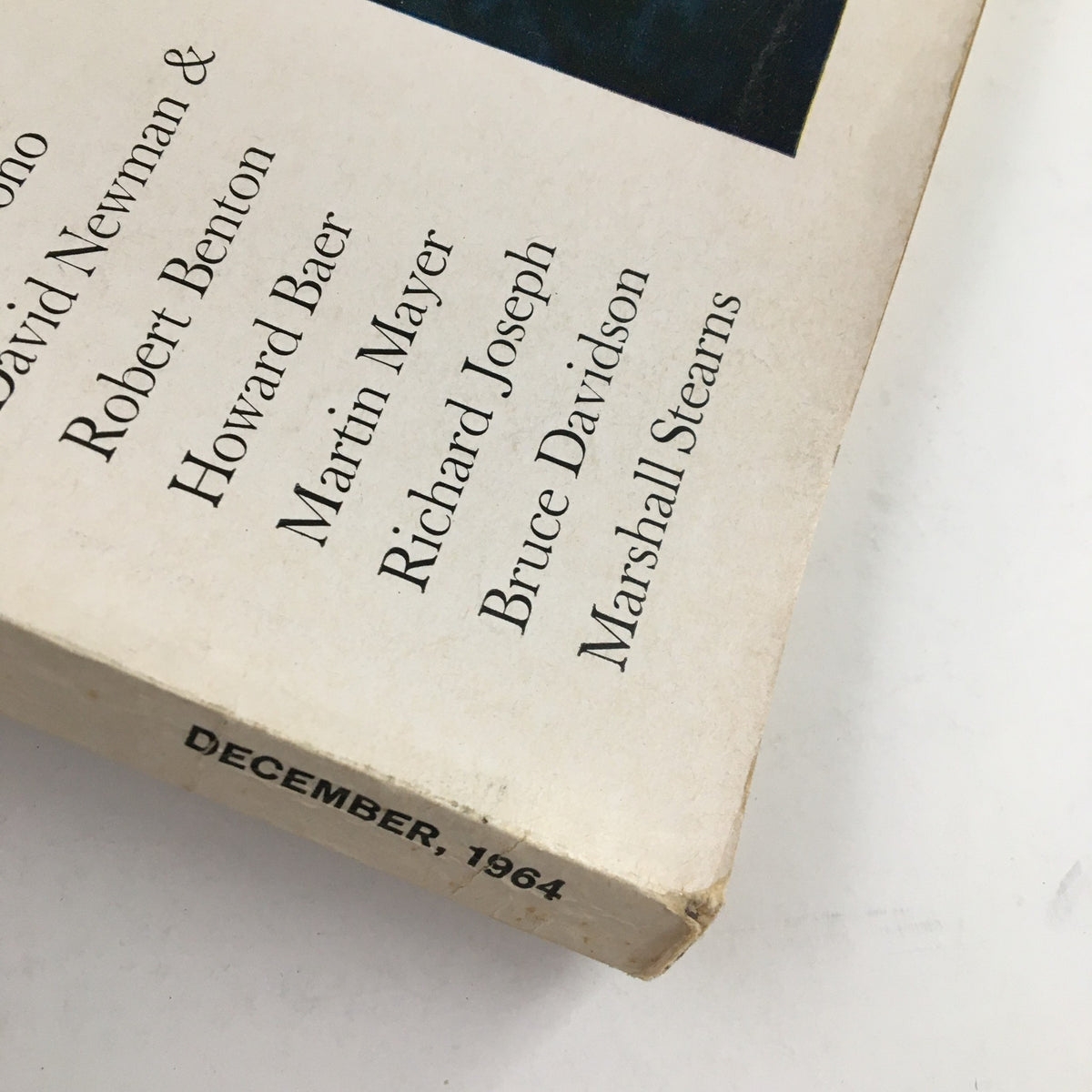 Side view of Esquire Magazine December 1964 showing the publication date and a list of contributors.