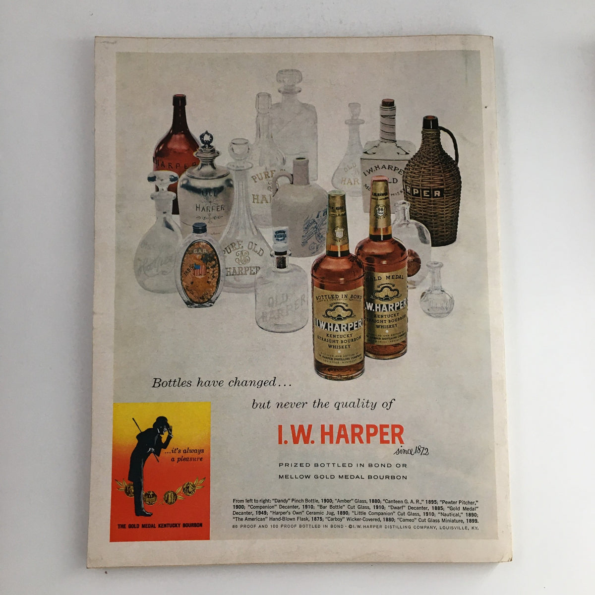 Back cover of Esquire Magazine December 1964 showcasing an advertisement for I.W. Harper whiskey with vintage bottle designs.