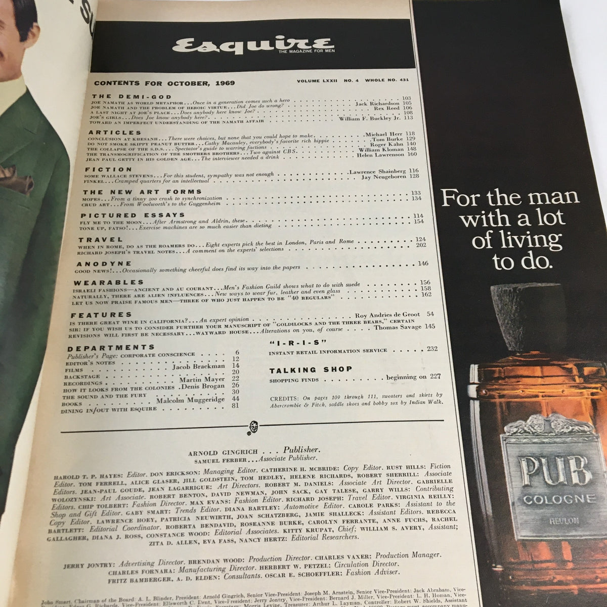 Contents page of Esquire Magazine October 1969, listing featured articles including 'The Higher Truth of Joe Namath' with an elegant layout.