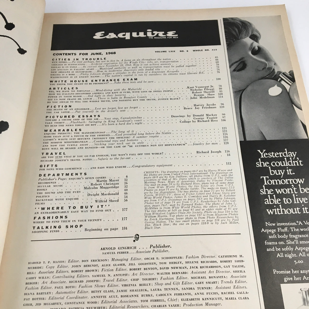 Table of contents page from Esquire Magazine, June 1968, outlining articles and features in the edition.