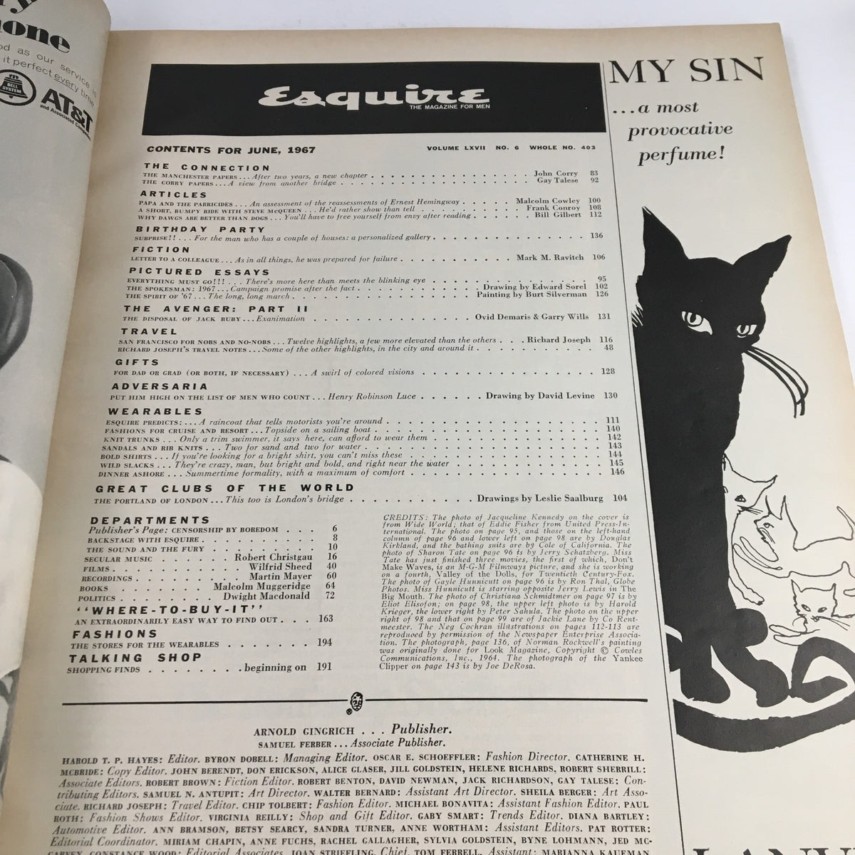 Inside page of Esquire Magazine June 1967 featuring contents and articles including Eddie Fisher cover story, designed by Jacqueline Kennedy, showcasing mid-century journalism.