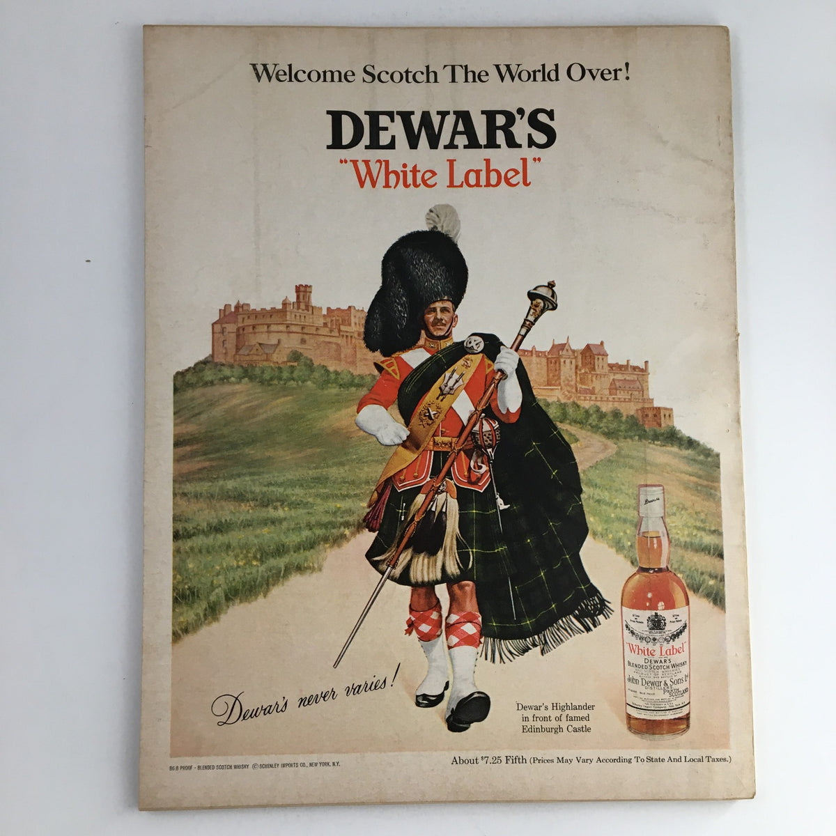 Vintage advertisement for Dewar's White Label Scotch featured in Esquire Magazine June 1967, displaying a Highlander in traditional attire against Edinburgh Castle.