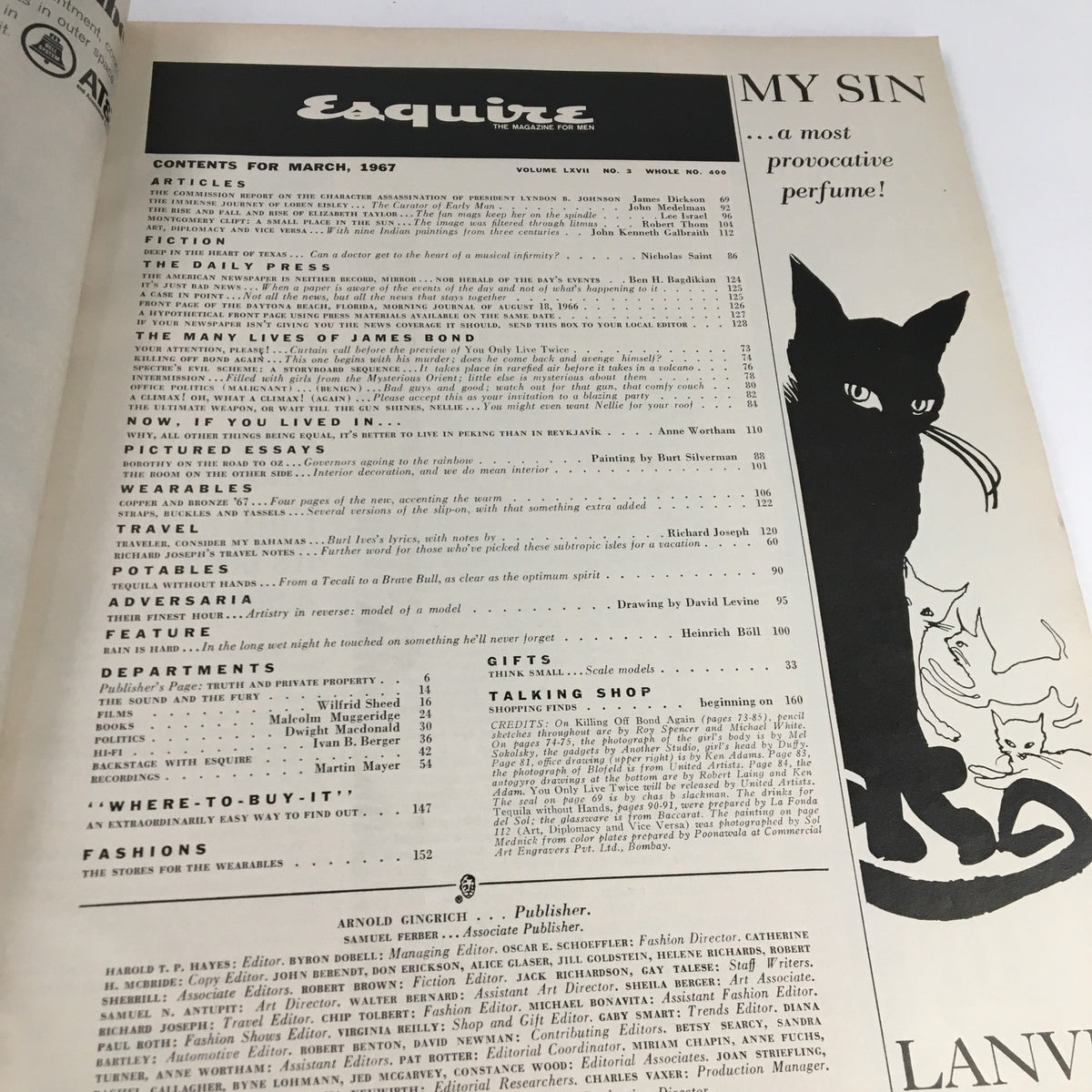 Contents page of Esquire Magazine March 1967, featuring article listings including 'The Many Lives of James Bond'.