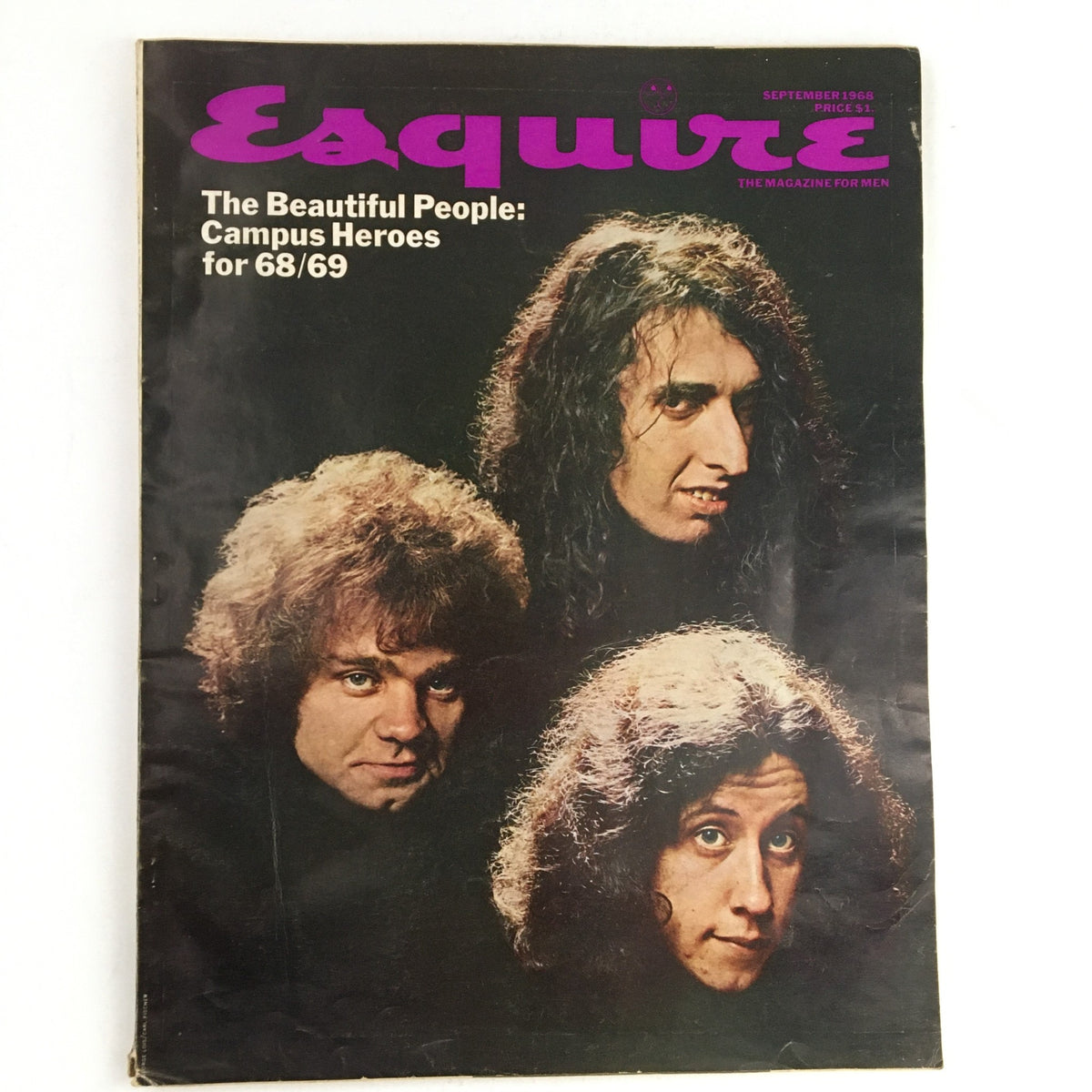 Esquire Magazine September 1968 cover featuring the theme 'The Beautiful People: Campus Heroes', showcasing three men with distinctive hairstyles and styles, reflecting the 1960s cultural vibe.