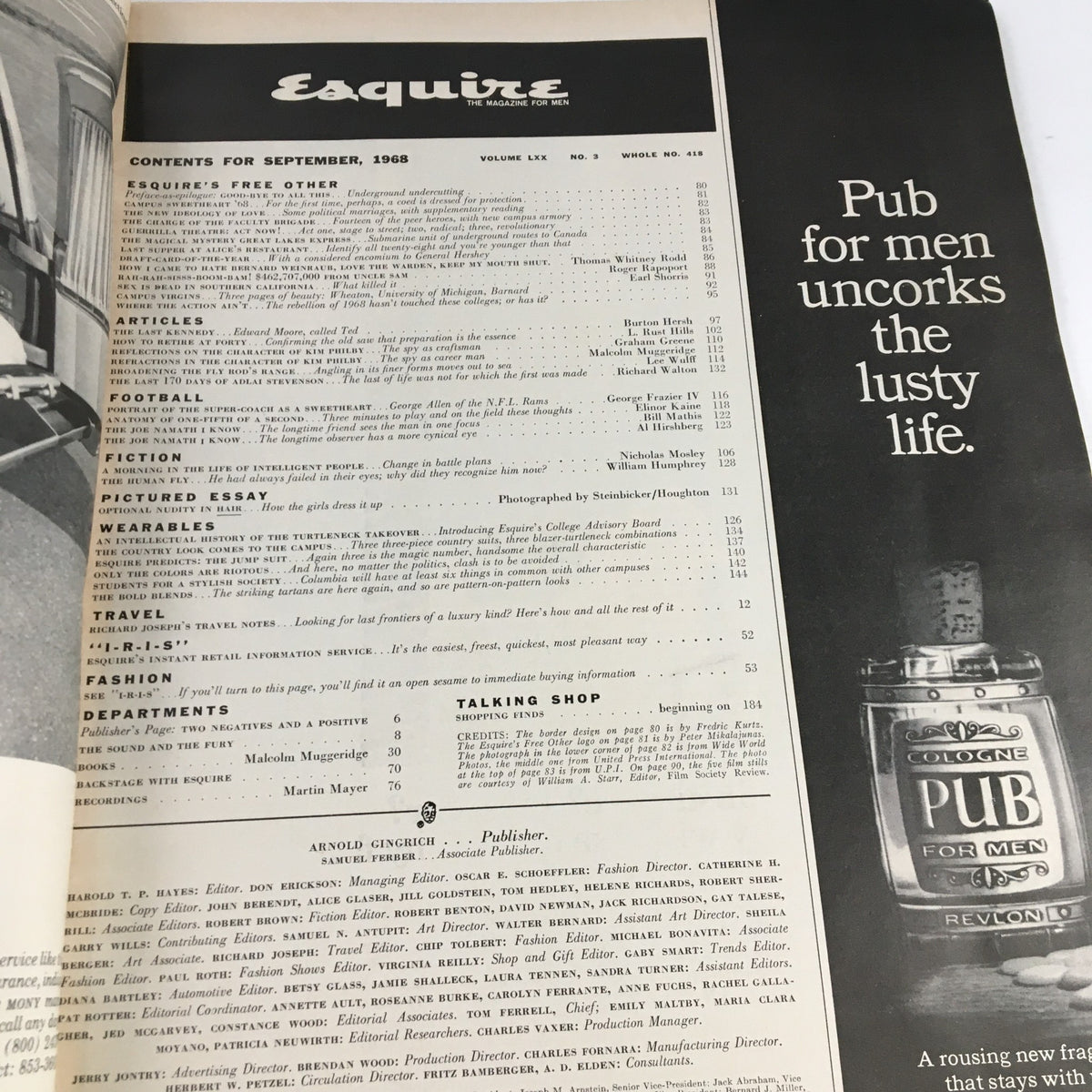 Esquire Magazine September 1968 contents page featuring articles on popular culture, sports, and fashion, highlighting the theme of 'The Beautiful People' and 'Campus Heroes'.