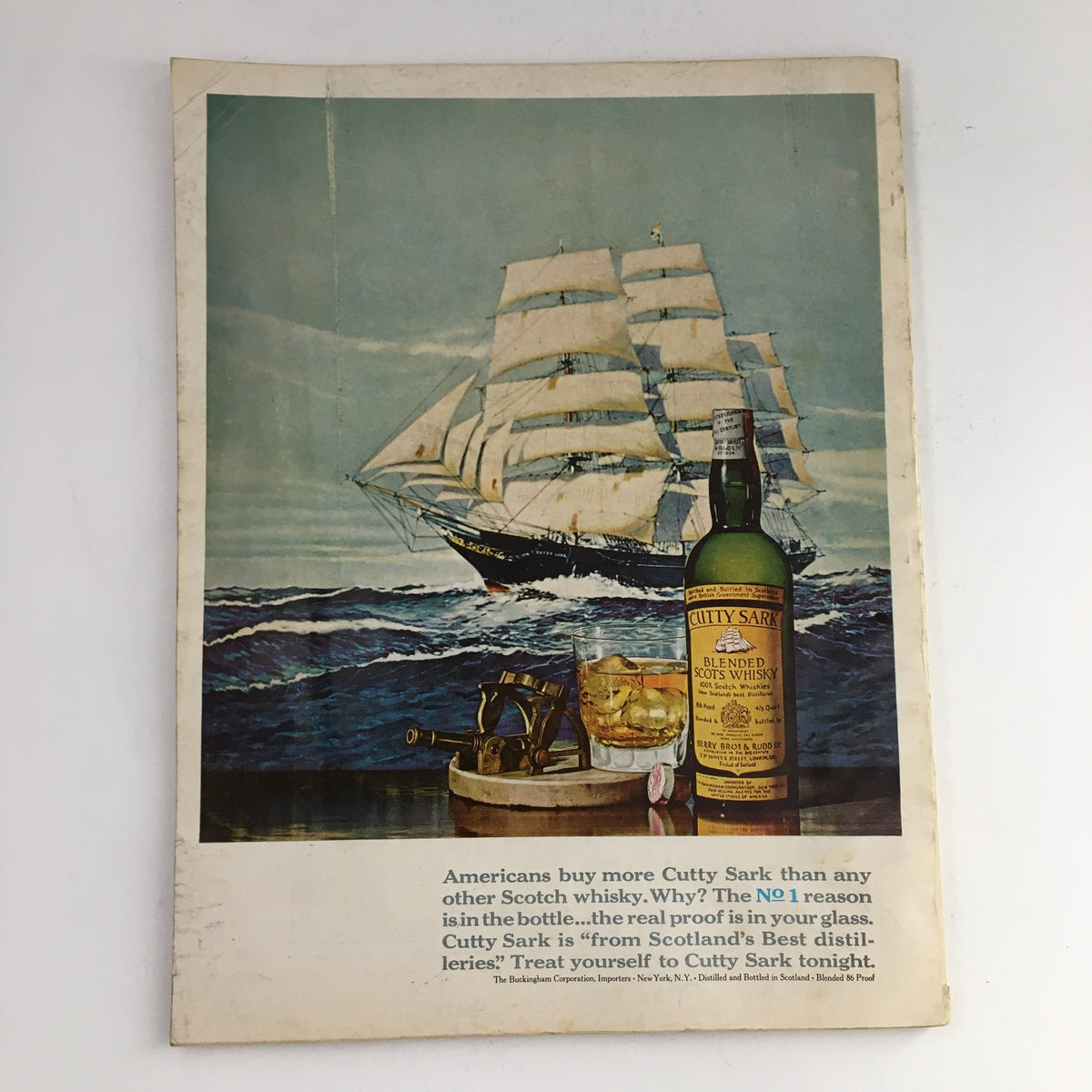 Back cover of Esquire Magazine September 1968 displaying an advertisement for Cutty Sark blended Scotch whisky with an illustration of a sailing ship, emphasizing its popularity among Americans.