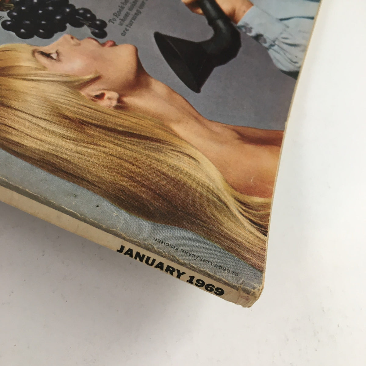 Close-up of the January 1969 Esquire Magazine showcasing the edge of the magazine, emphasizing its vintage appeal and age.