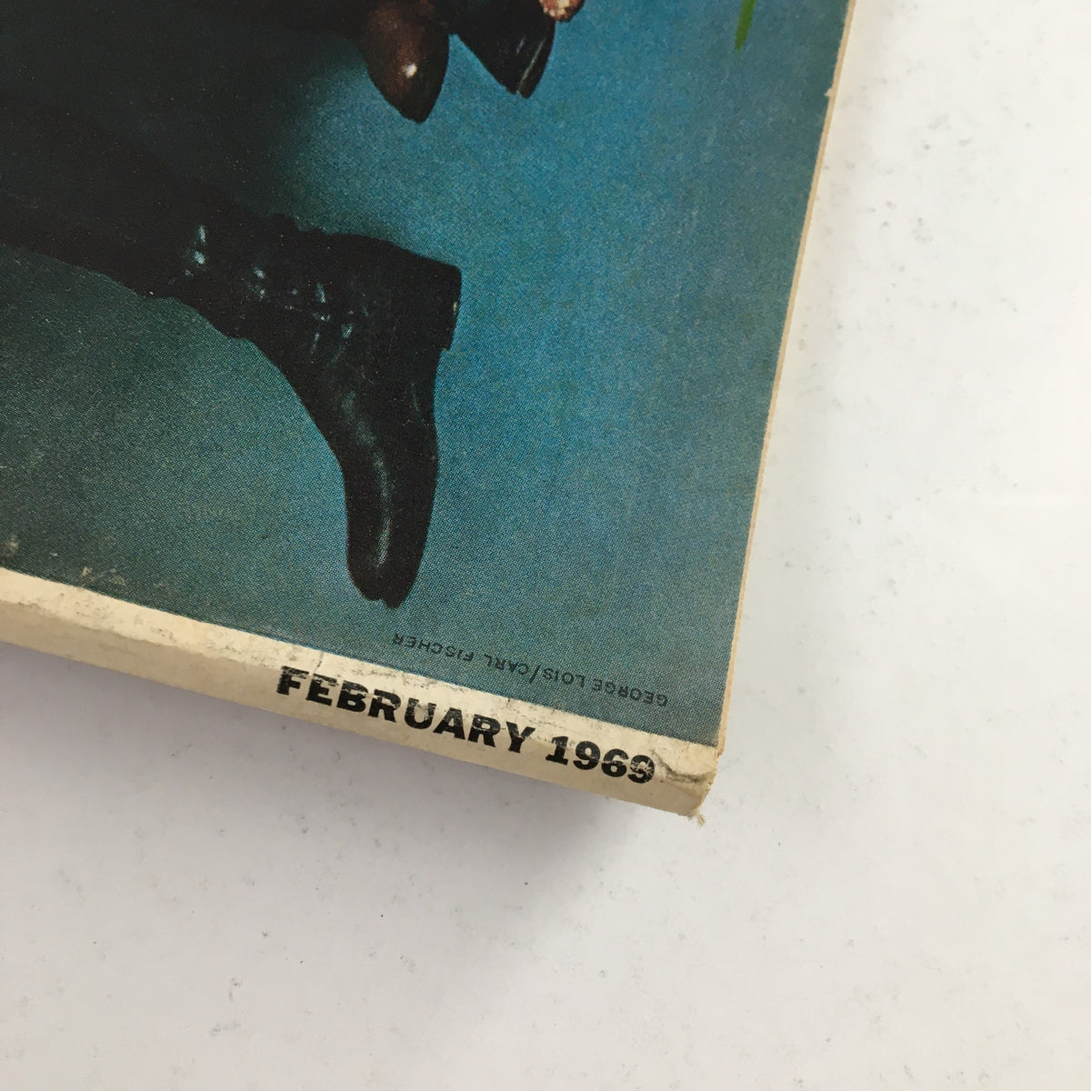 Close-up of the bottom corner of Esquire Magazine February 1969, highlighting the publication date and showing the magazine's vintage aesthetic.